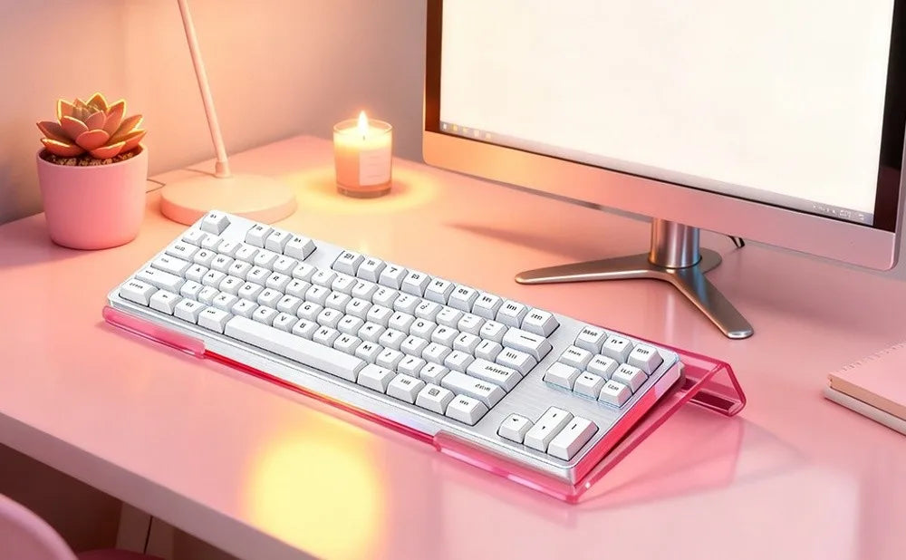 A pink acrylic ergonomic keyboard riser with a non-slip base is placed on a desk next to a computer monitor and a candle.