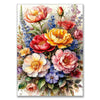 A vibrant watercolor painting featuring pink, yellow, and purple flowers and foliage.