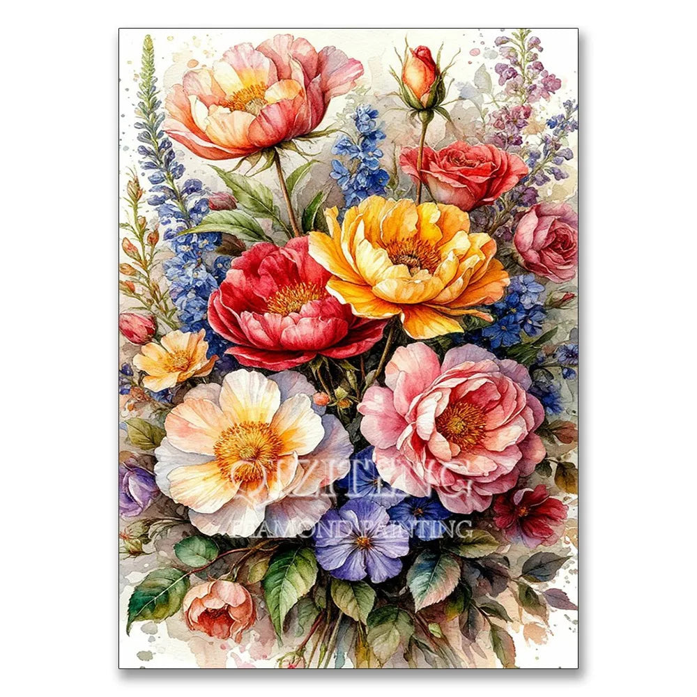 A vibrant watercolor painting featuring pink, yellow, and purple flowers and foliage.