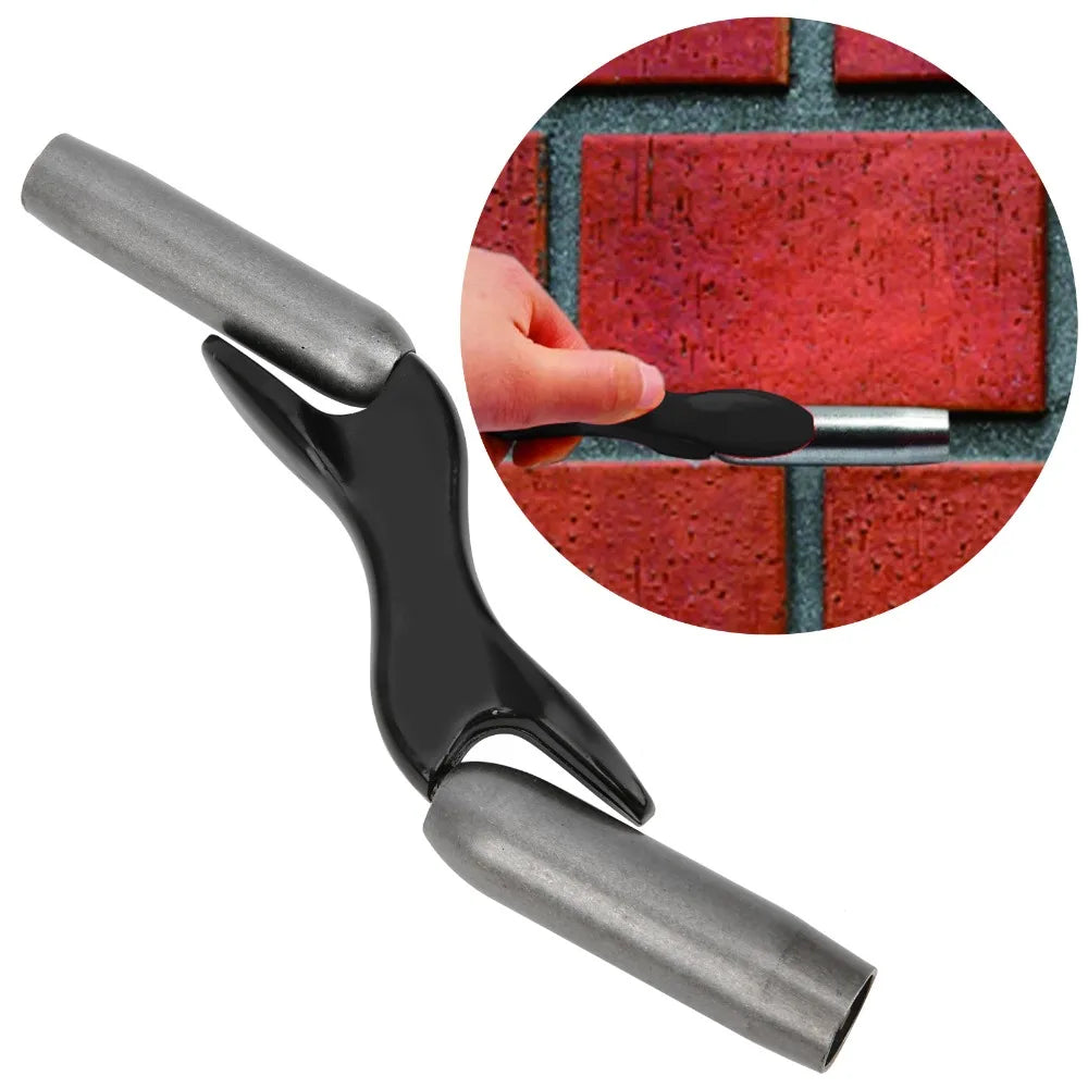 A professional brick jointer set showing a metal handle and a tool with a black tip, set against a red brick background.