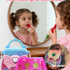 A pink and blue princess makeup toy set for kids featuring various cosmetic items like lip glosses and eyeshadows.