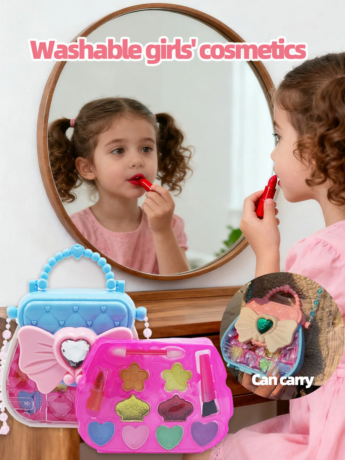 A pink and blue princess makeup toy set for kids featuring various cosmetic items like lip glosses and eyeshadows.