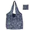 A reusable nylon shopping tote bag with a dark blue and white leaf pattern shown in multiple views.