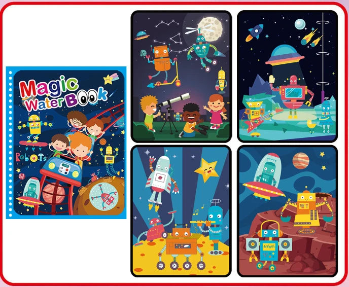 A set of four colorful magic water drawing books featuring children and space themes.