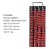 A black metal socket organizer tray with a handle, featuring 80 drive sockets in various sizes.