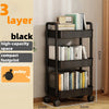 A black 3-layer rolling utility cart with wheels is shown storing books and various items.