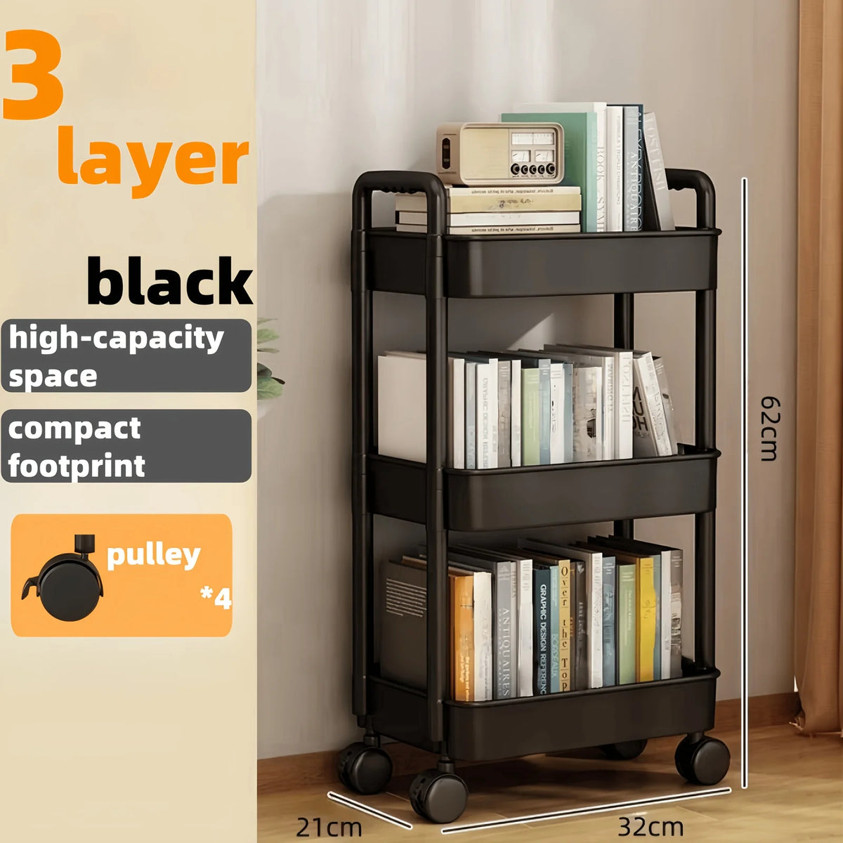 A black 3-layer rolling utility cart with wheels is shown storing books and various items.