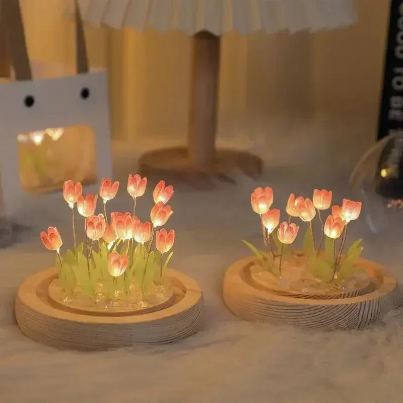 Handcrafted tulip LED night light with a wooden base featuring glowing orange and yellow flowers.