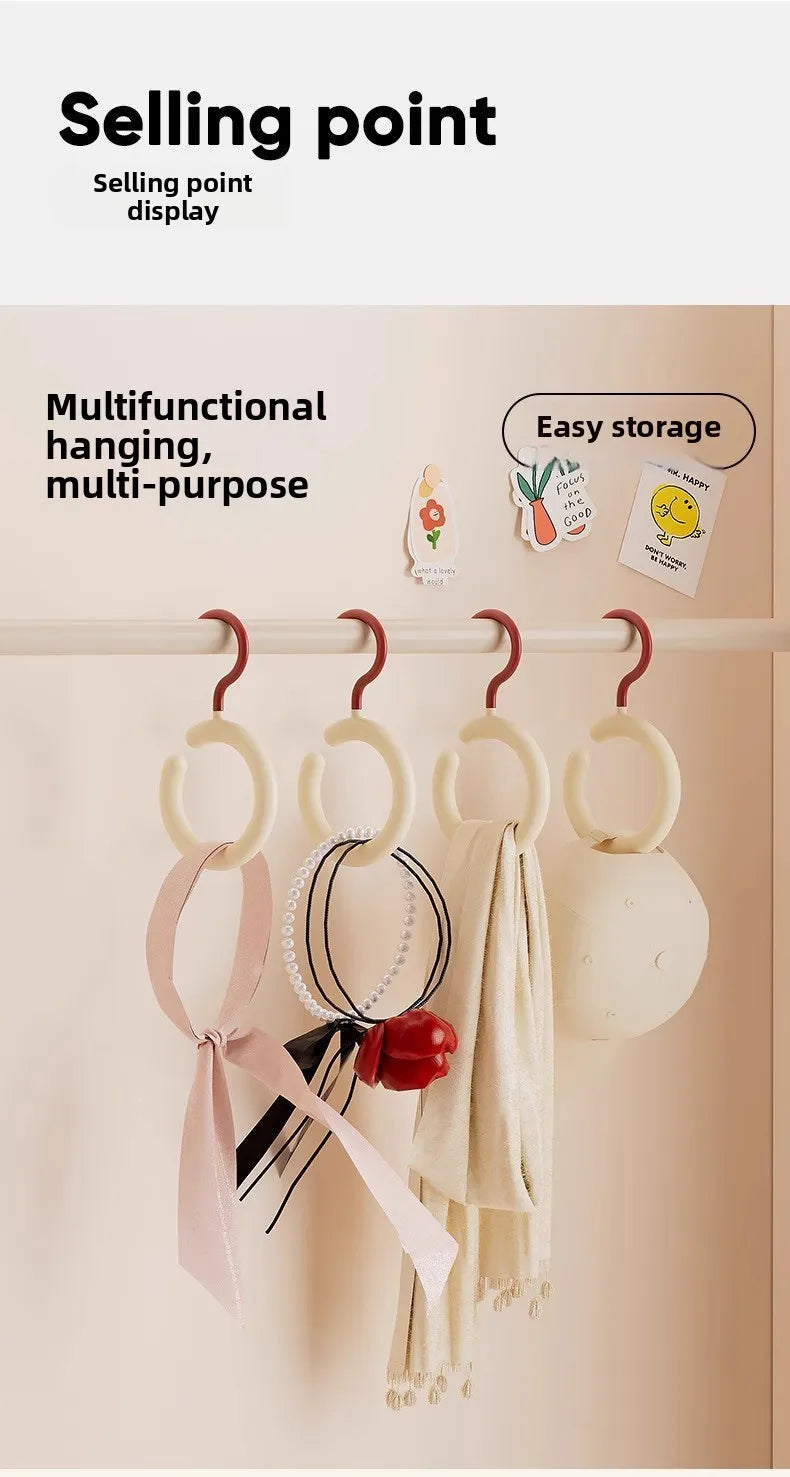 A display of multifunctional hanging hooks for hats and scarves on a wall rack.