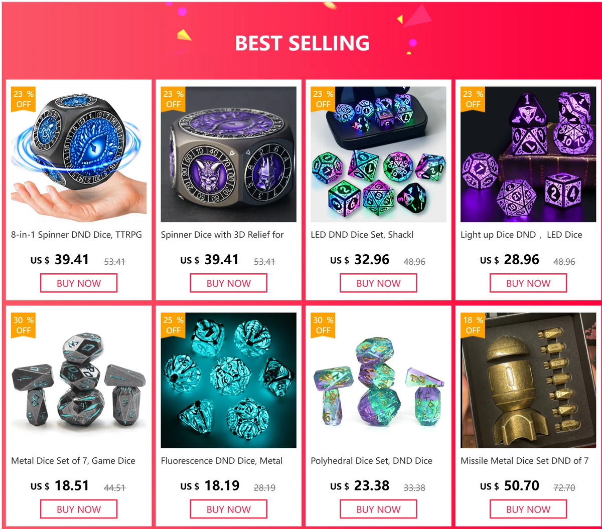 A set of 8-in-1 spinner dice including a D20 for D&D and TTRPG fans.