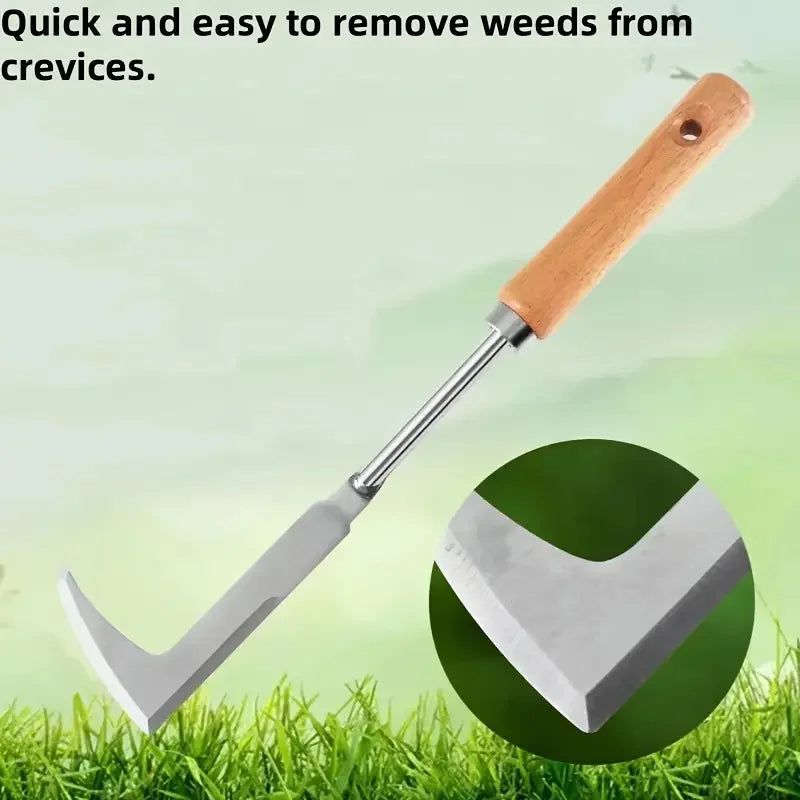 A silver L-shaped stainless steel weeding tool is shown against a green grassy background.