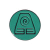 A teal enamel pin featuring a black triangular design with a spiral and horizontal lines.