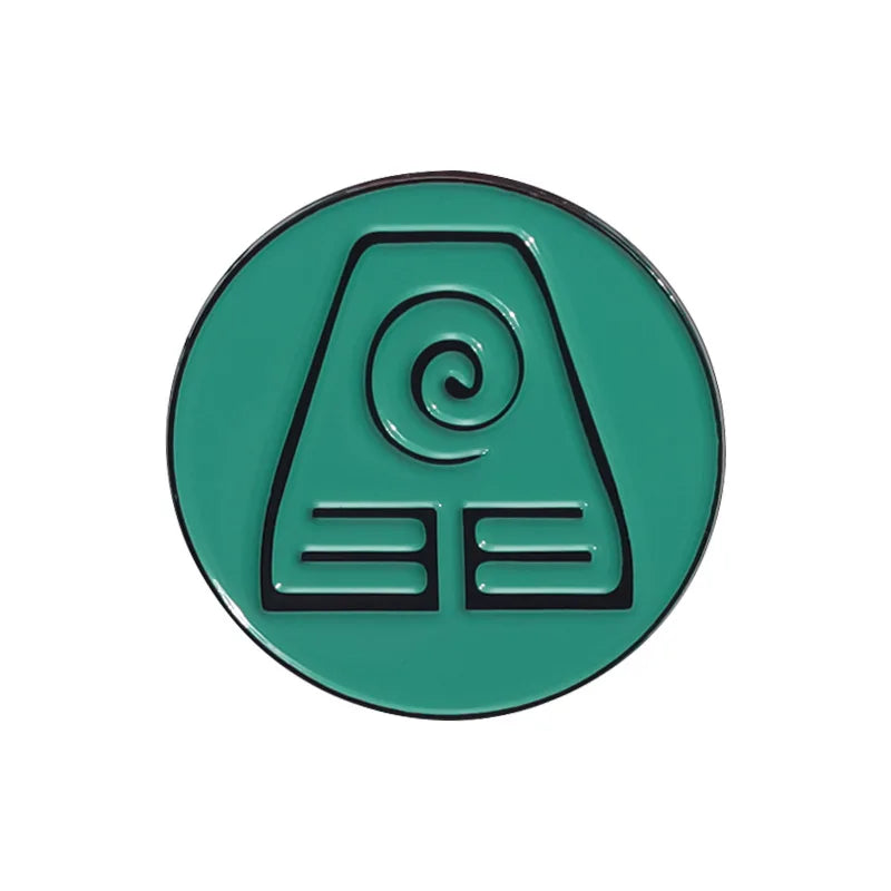 A teal enamel pin featuring a black triangular design with a spiral and horizontal lines.