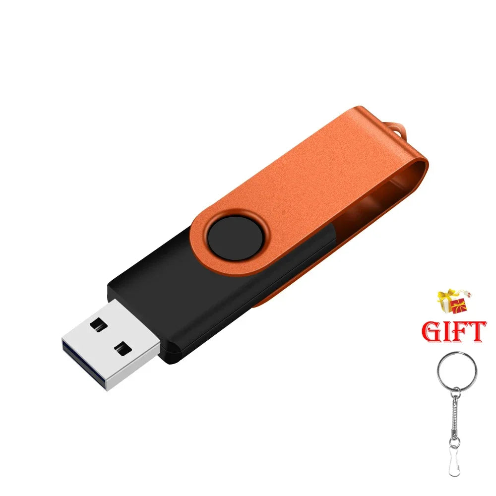 An orange portable USB 2.0 flash drive with a black casing and a keyring attached.