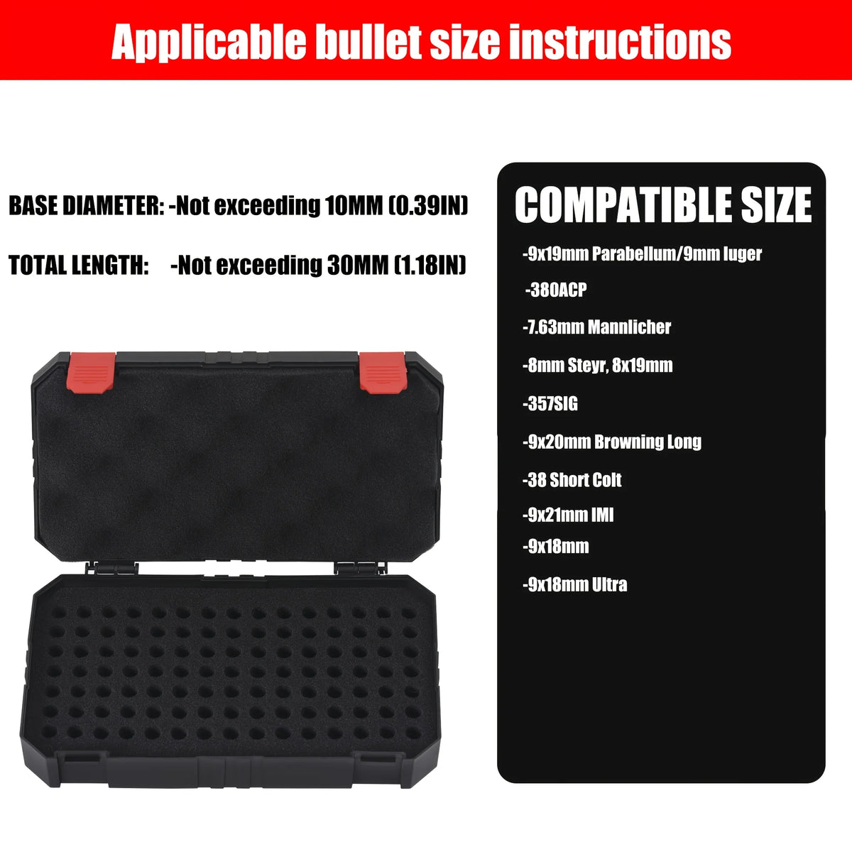 Black heavy-duty ammo storage case with instructions for bullet size compatibility