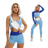 A woman models a blue athletic outfit and an adjustable nylon waist pack with a phone pocket.