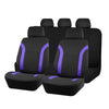 A set of black car seat covers with purple accents shown in a row.