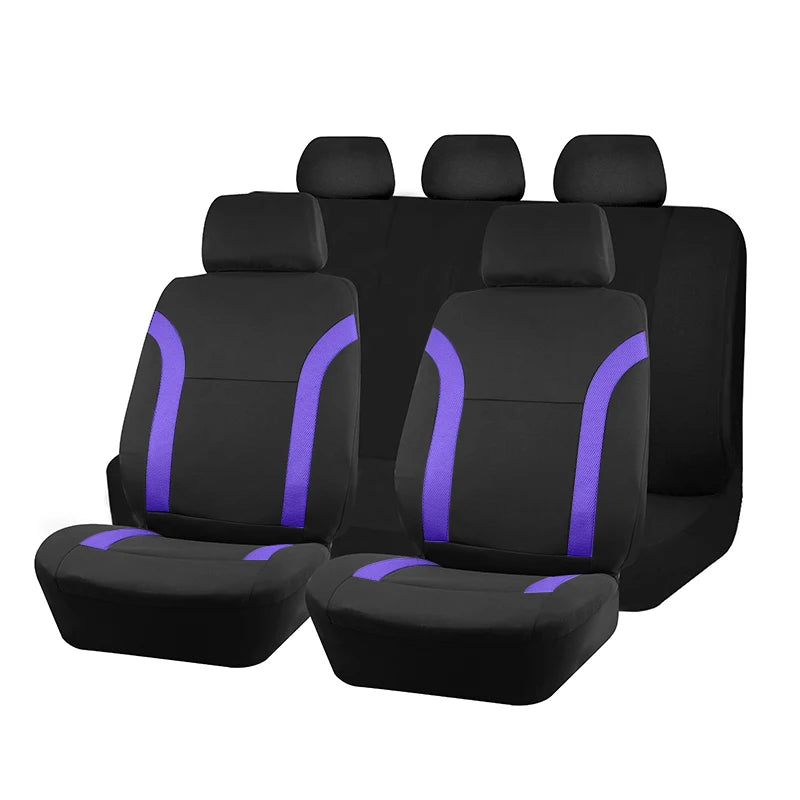 A set of black car seat covers with purple accents shown in a row.