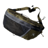 Olive green nylon crossbody bag with a black mesh front and adjustable strap