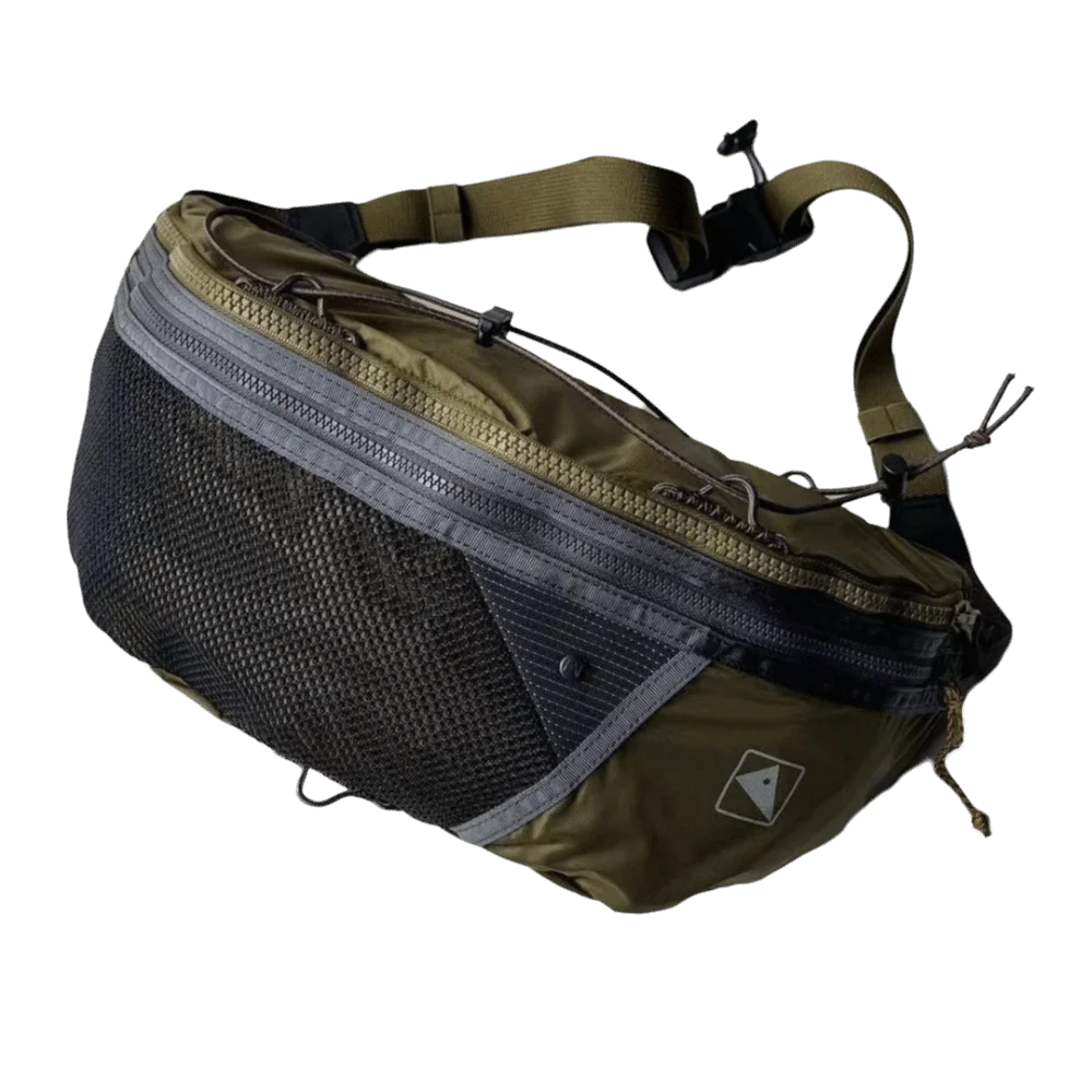 Olive green nylon crossbody bag with a black mesh front and adjustable strap