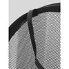Close-up view of a black mesh foldable laundry hamper with a black strap.