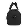 Black duffel bag with black straps and a silver buckle detail.