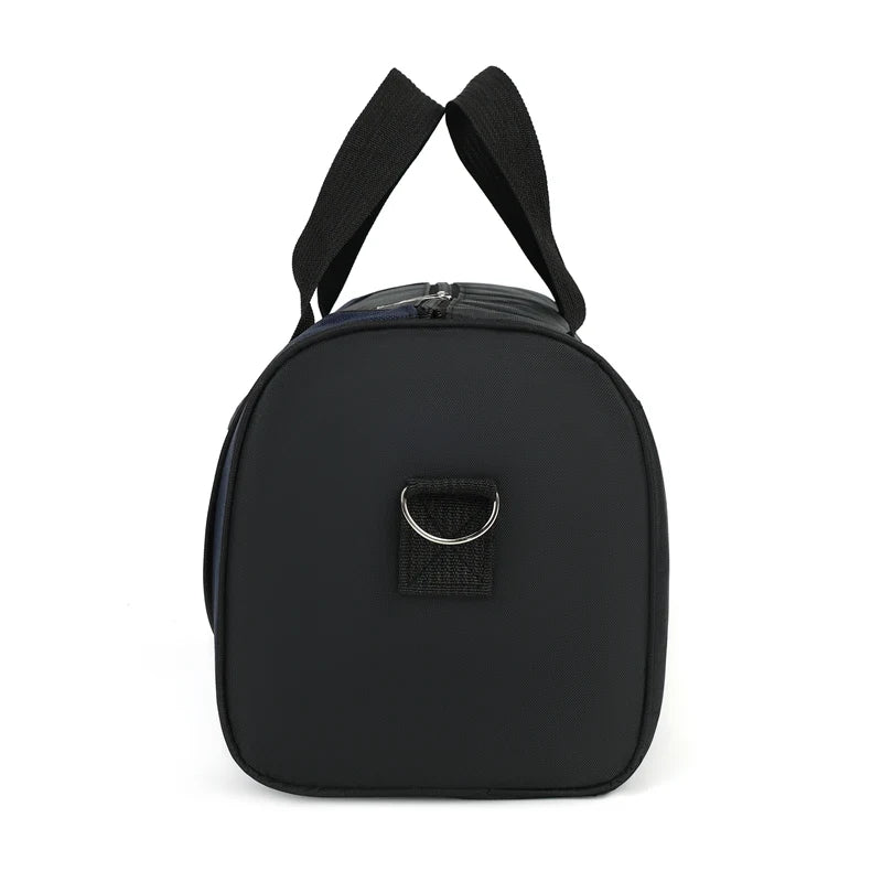 Black duffel bag with black straps and a silver buckle detail.