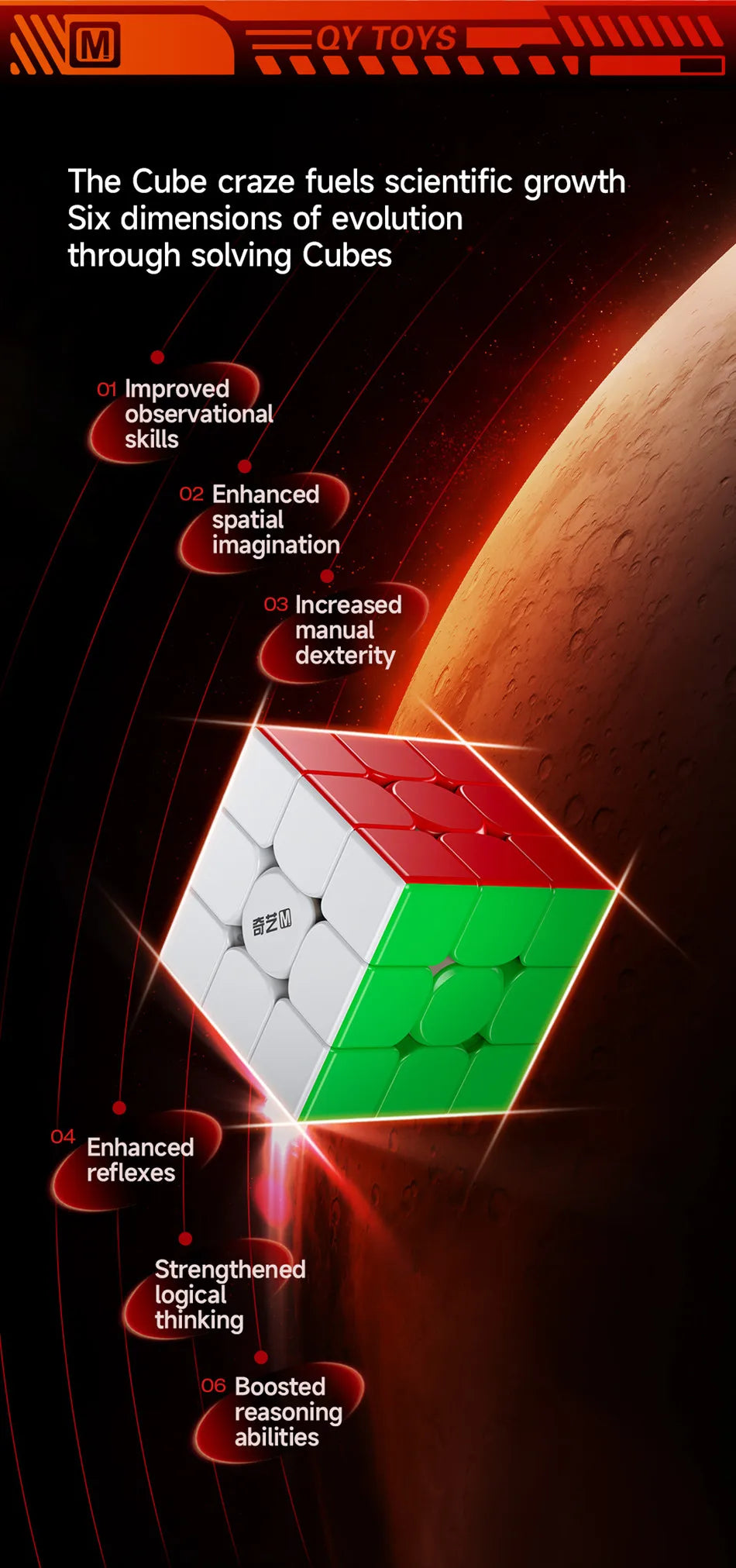A graphic illustrating the benefits of solving cubes, showing a 3D cube with red and green faces and surrounding text about i
