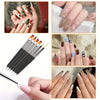 A set of professional dual-ended nail art brushes with various tips and colors shown alongside finished manicures.