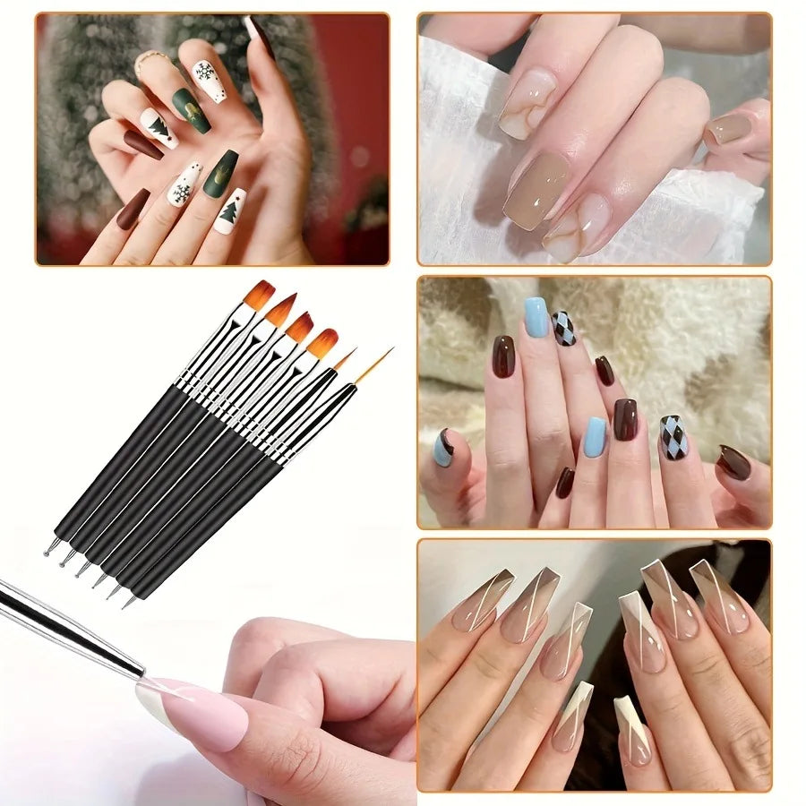A set of professional dual-ended nail art brushes with various tips and colors shown alongside finished manicures.