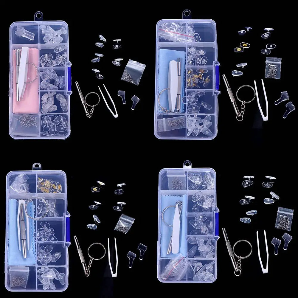 A clear plastic kit containing various precision tools, screws, and nose pads for repairing glasses.