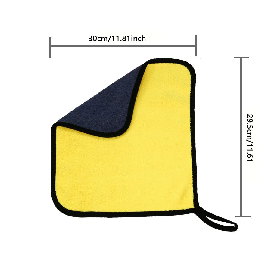A yellow and navy microfiber car detailing brush set shown flat with dimensions.
