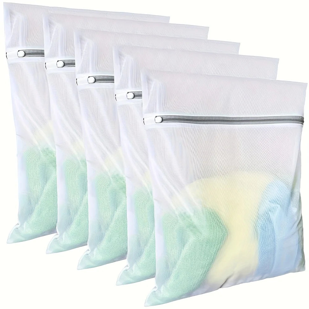 A pack of four fine mesh laundry bags for delicates, featuring a white mesh with a light green and yellow color gradient.