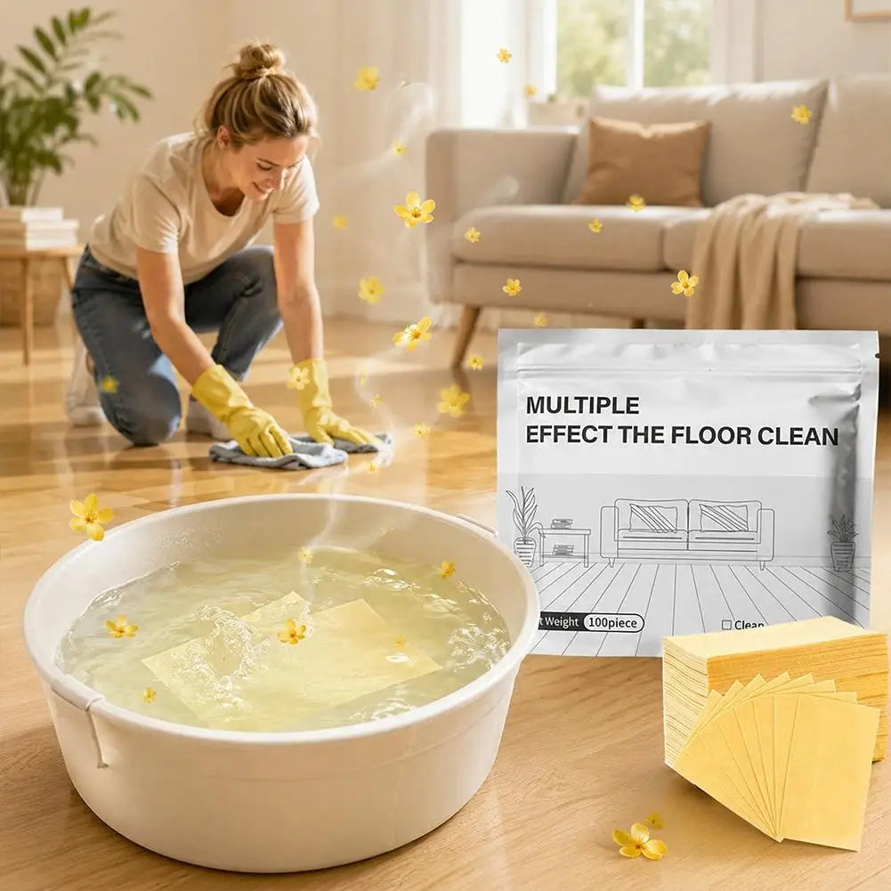 A woman is cleaning a floor with a solution in a bowl, surrounded by yellow floral elements and packaged tablets.