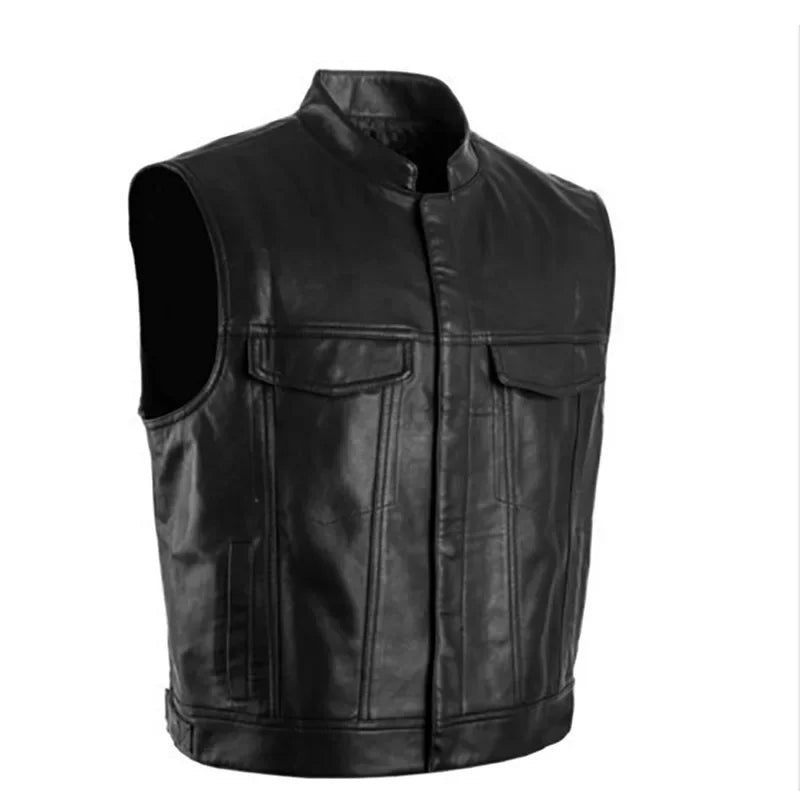 Black faux leather biker vest for men with a collar and flap pockets