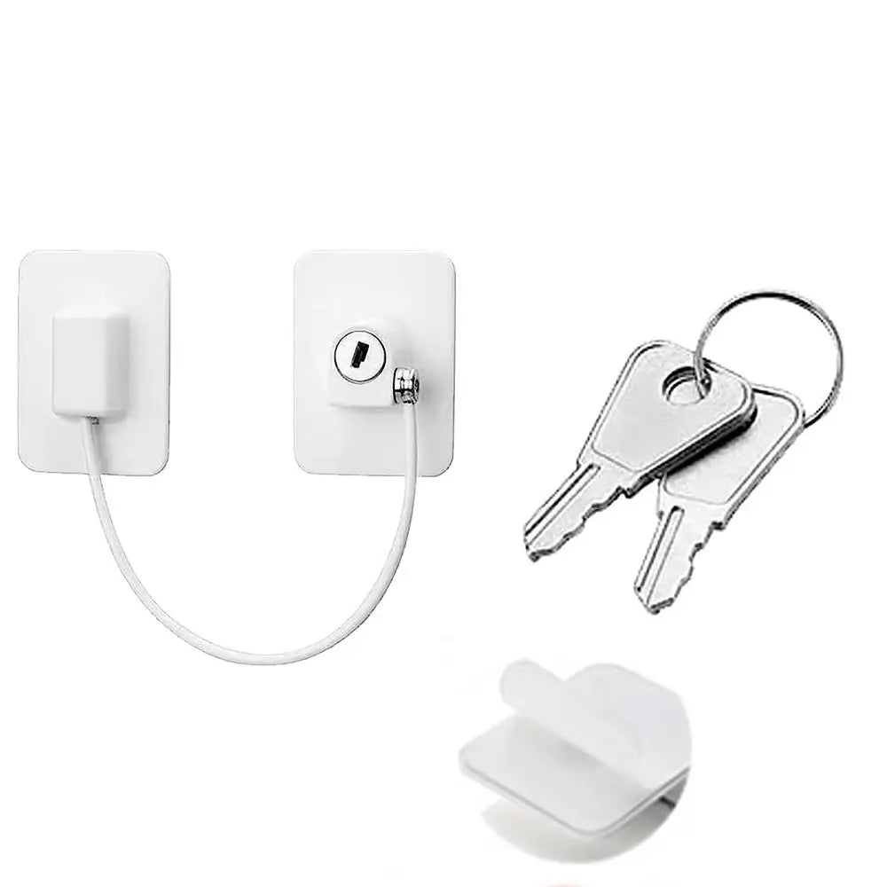 A white self-adhesive window safety lock with two keys and a mounting plate.