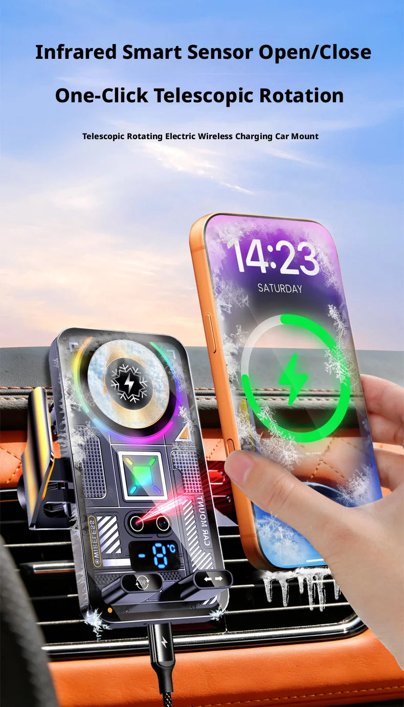 An infrared smart sensor open/close telescoping rotating electric wireless charging car mount device being used to charge a s