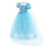 A light blue tulle princess party dress featuring a sparkly bodice and sheer overlay.