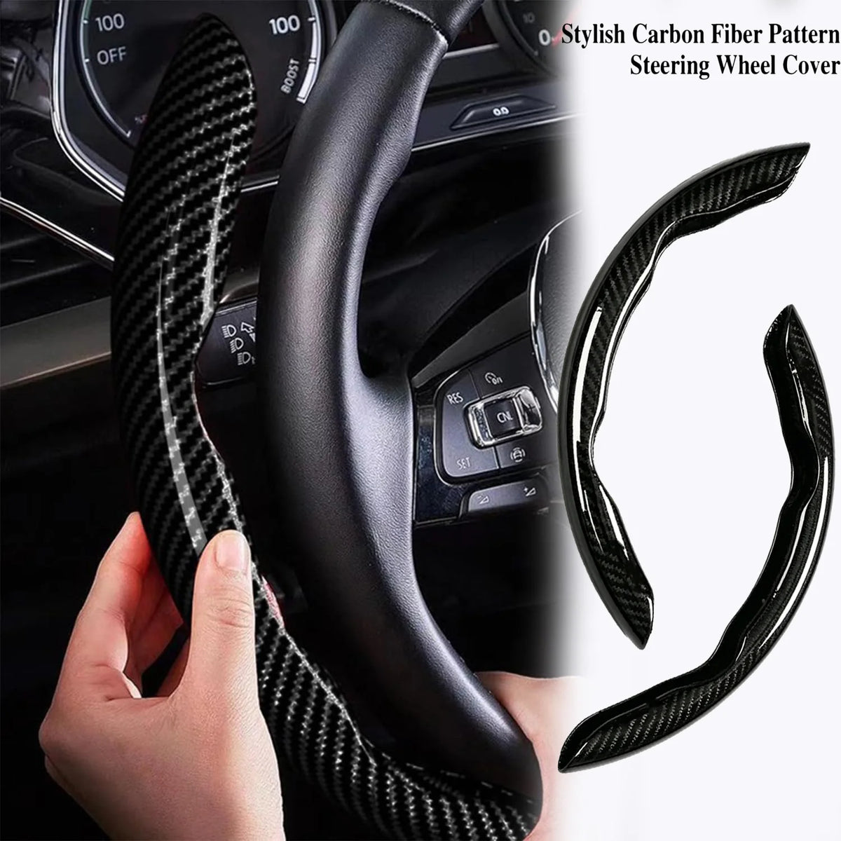 A close-up of a black carbon fiber pattern steering wheel cover being installed on a car steering wheel.