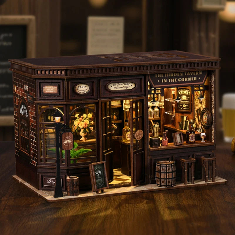 A detailed wooden dollhouse miniature assembly kit featuring brick facade and interior details with LED lighting.