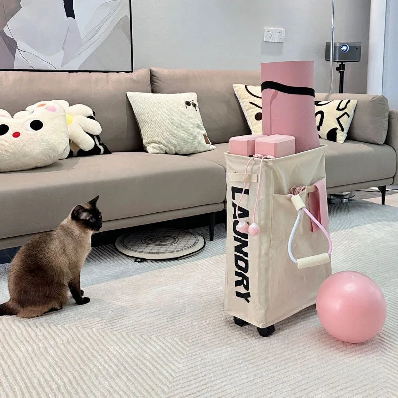 Un panier de rangement beige avec des accents roses est placé sur un tapis clair à côté d'un canapé et d'un chat.