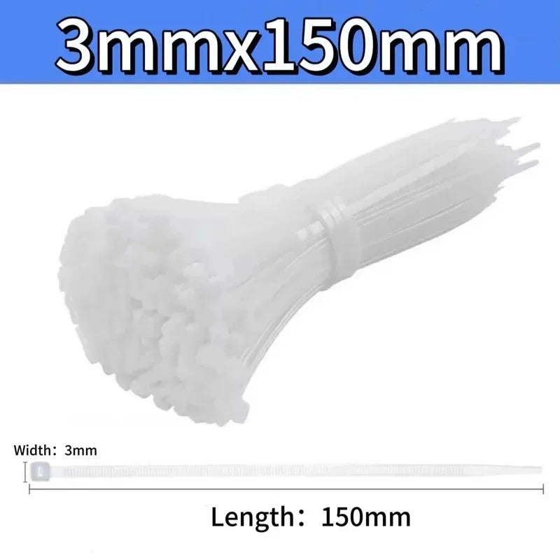 A white, flexible nylon cable tie with a 3mm width and 150mm length.