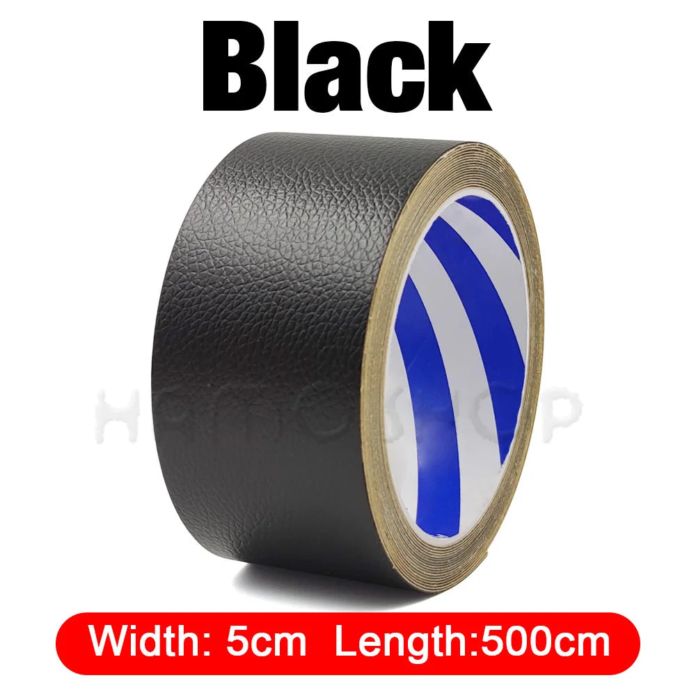 Black self-adhesive PU leather repair patch roll with blue stripes, measuring 5cm wide by 500cm long.