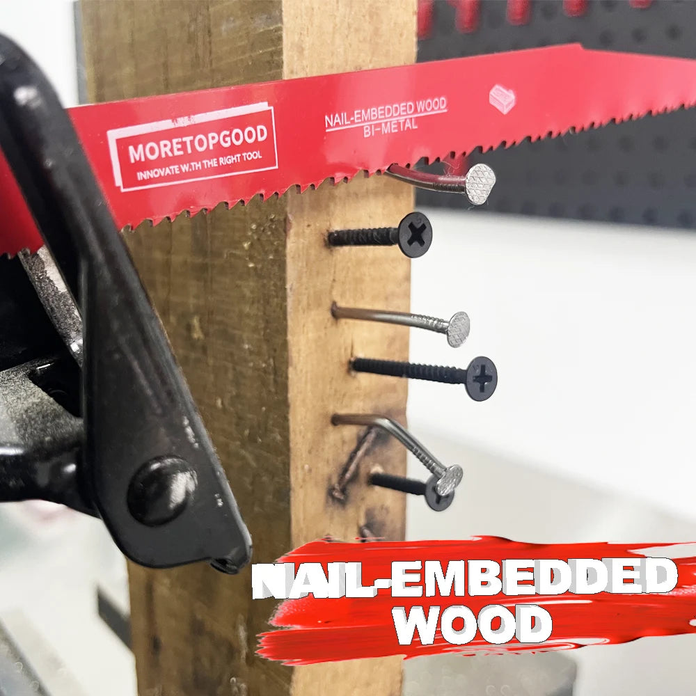 A close-up of a red blade for a bi-metal reciprocating saw, showing nail-embedded wood and various size screws.