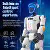 A white bionic joint intelligent robot with a blue light, demonstrating gesture sensing and voice recording features.