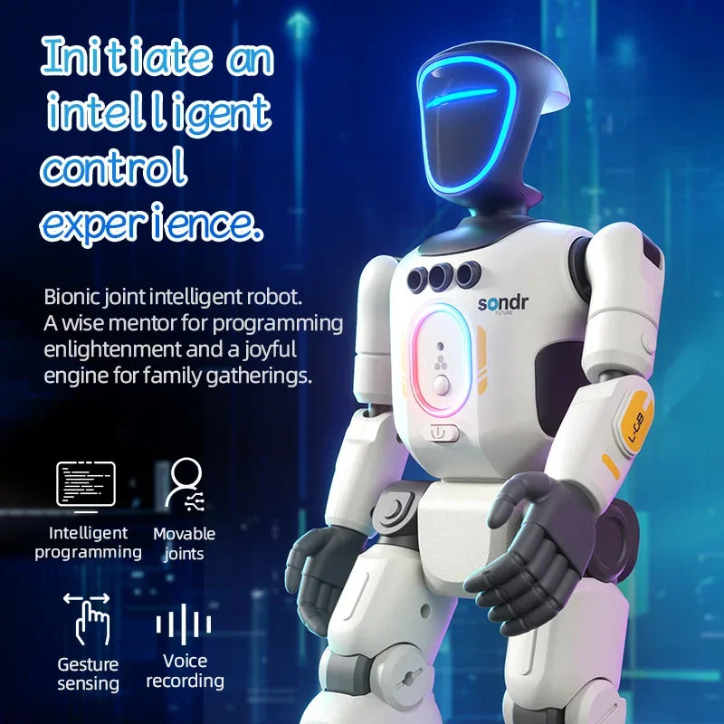 A white bionic joint intelligent robot with a blue light, demonstrating gesture sensing and voice recording features.