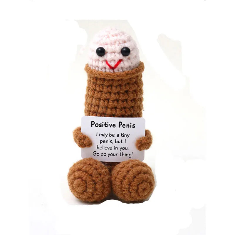 Hand-crocheted positive energy doll with a card featuring a supportive message