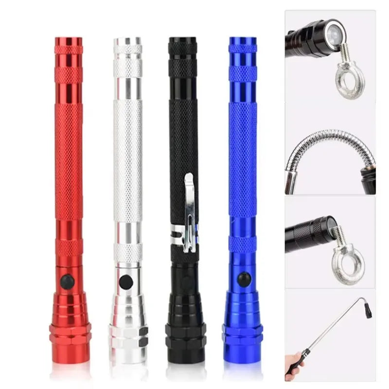 A set of magnetic LED pick-up flashlights in red, silver, and blue with flexible heads.