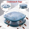 A clear plastic reusable cockroach trap with a blue lid and mesh tray catching insects on a white surface.