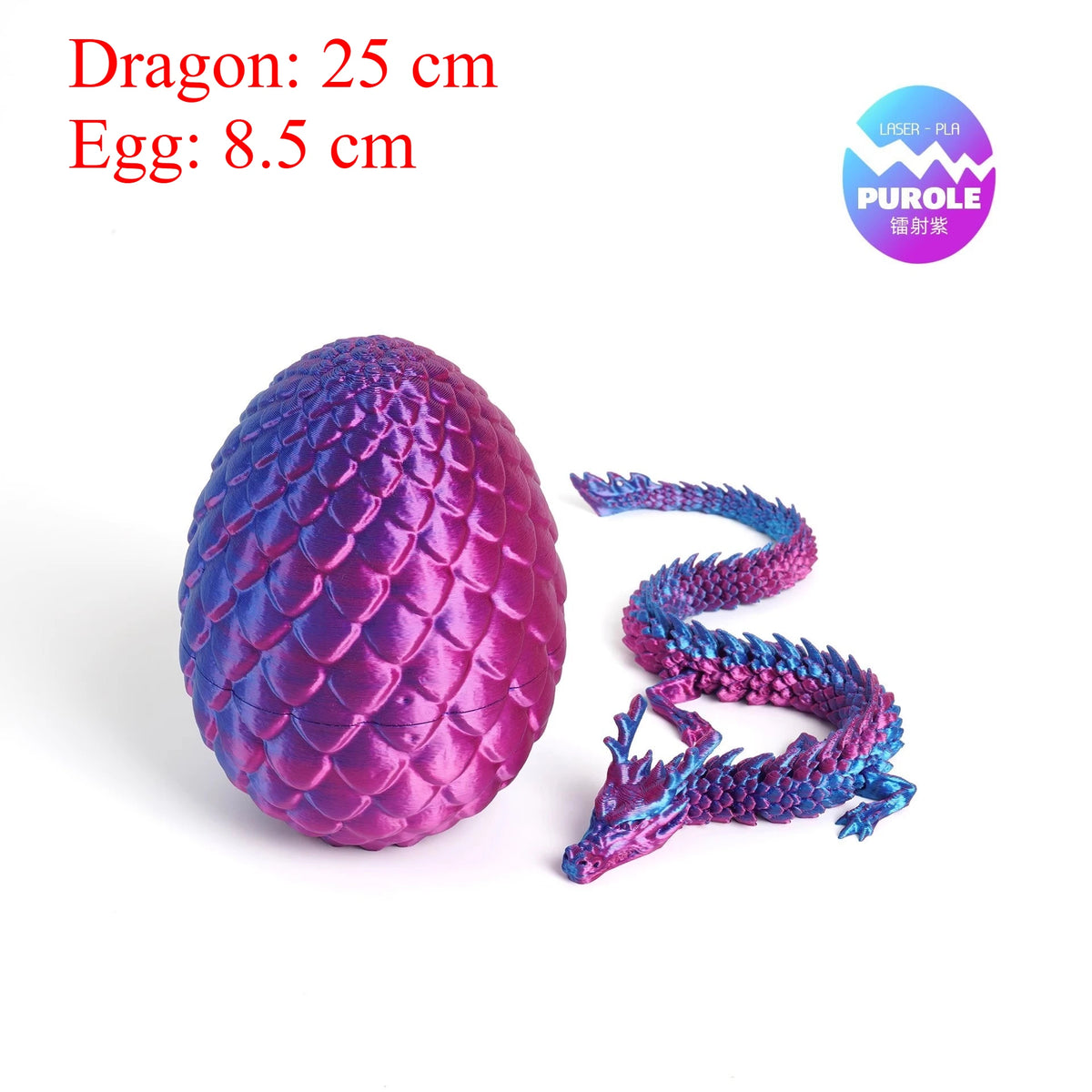 A purple dragon figurine with a glowing egg and an articulated snake tail.